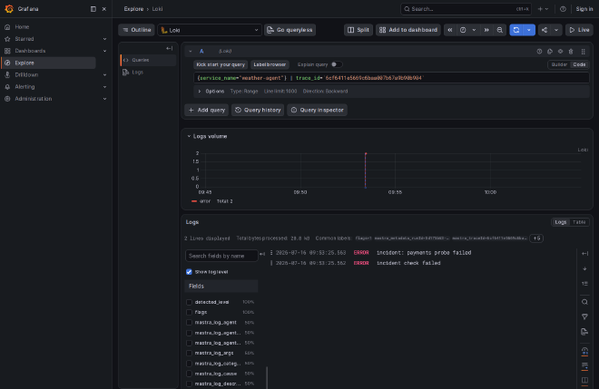 Loki logs panel in Grafana filtered to one trace_id, showing two correlated ERROR lines (incident: payments probe failed and incident check failed) for a single failed Mastra agent turn with mastra_log structured-metadata fields